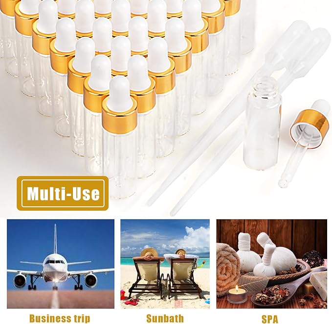 Sample Dropper Bottles, Mini Dropper Bottles with 2 Pcs Plastic Droppers for Traveling Essential Oils DIY Cosmetic Liquid Sample Perfume (Gold, 5ML)