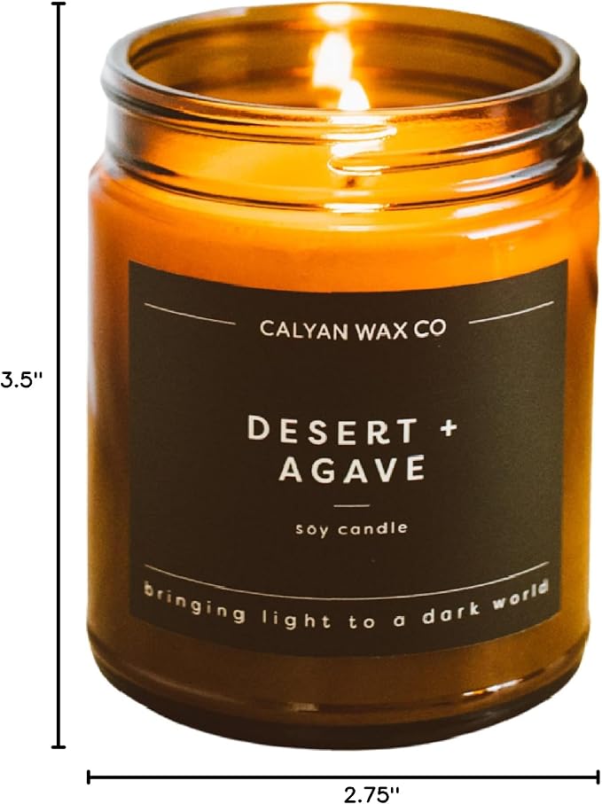 Calyan Wax Co. Desert & Agave Scented Candle - 57 Hour Burn - Luxury Clean Soy Wax Candles - Long Lasting Amber Glass Jar Candle for Home - 7.2oz