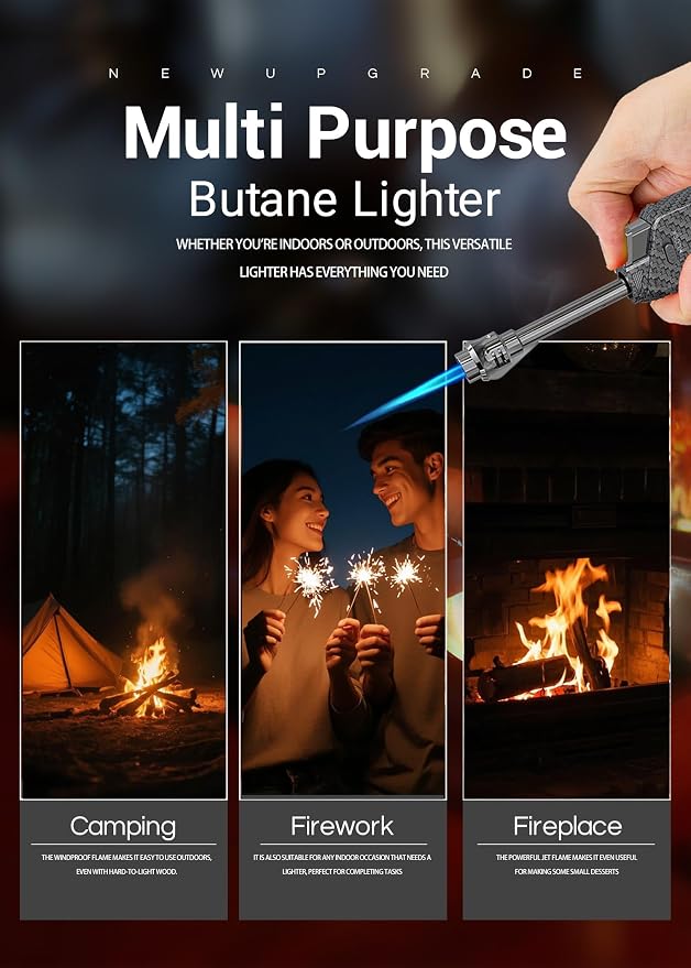 Butane Torch Lighter Jet Flame, Windproof Torch Lighter Refillable, Adjustable Butane Lighters for Candle Fireplace Camping BBQ Lighters Gift for Man Women, with Extended Tip, 2 Pack (Without Fuel)