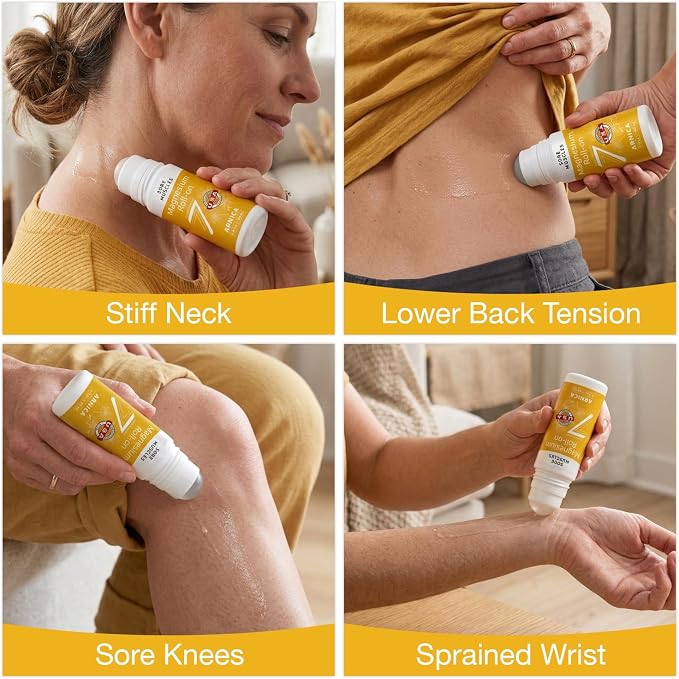Seven Minerals Magnesium Arnica Roll On Stick - All-Natural Muscle Relaxer for Sore Muscles, Back Pain & Leg Cramps - Arnica Roll On with Magnesium for Fast Acting Pain & Muscle Relief, 3 Fl Oz