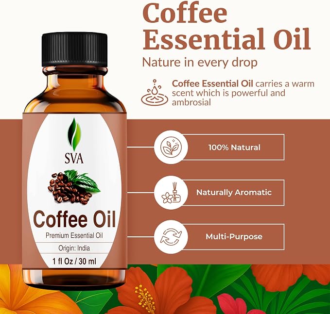 SVA Coffee Essential Oil – 1 Fl Oz – 100% Natural Coffee Oil - for Diffuser, Hair Care, Face, Skin Care, Aromatherapy, Scalp and Body Massage, Soap and Candle Making - with Dropper