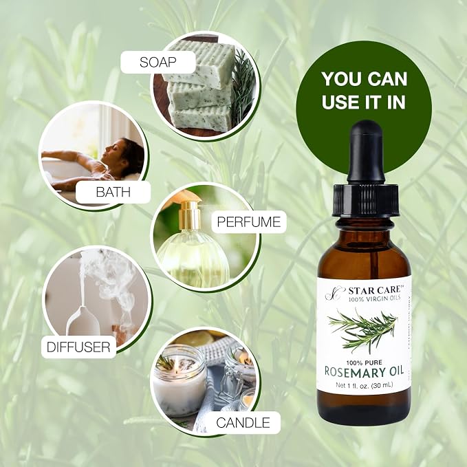 100% Pure Rosemary Essential Oil for Hair Growth & Skin Care Steam Distilled Rosemary Oil for Scalp Massage Aromatherapy DIY, Natural Hair Treatment in UV Protected Glass Bottle - 1oz (30ml)