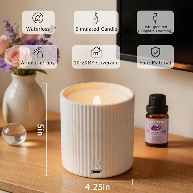 Non-Rechargeable 2 in 1 LED Candle Waterless Diffuser and 3D Wick and Realistic Flame Candle,Flameless Candle Diffuser,Waterless Essential Oil Diffuser with 12PCS Cotton Pads(Connect USB Line Use)