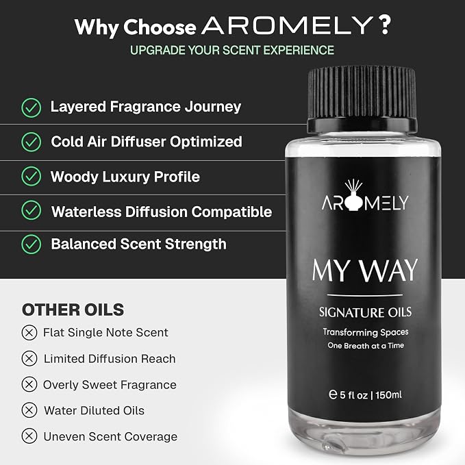 AROMELY My Way Diffuser Oil Blend | Luxury Home Fragrance Oil for Diffusers | Inspired by 1 Hotel | Signature Scent with Notes of Leather, Cardamom, Lemon, Cedarwood, Iris & Amber | 150ml
