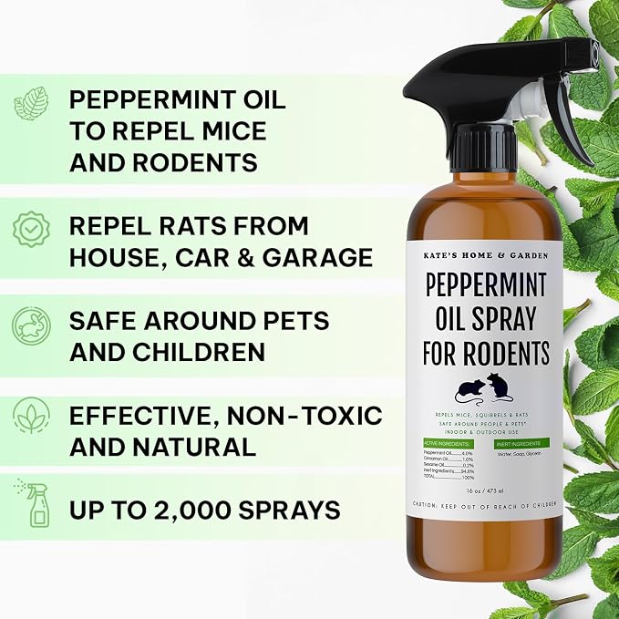 Kate Naturals Peppermint Oil Spray for Rodents, Mouse, Bat, Rat, Car Engines, Mice (16oz, Non-Toxic Rodent Repellent, Pet Safe)