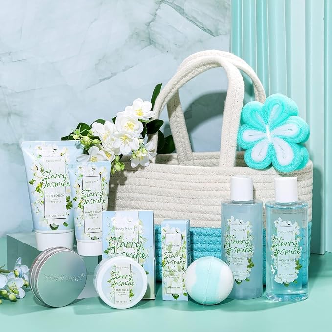 Body & Earth Gift Baskets for Women 11PCS Jasmine Spa Gift Sets for Her, Self Care Kit with Bubble Bath, Shower Gel, Lotion Set, Mothers Day Gifts for Mom