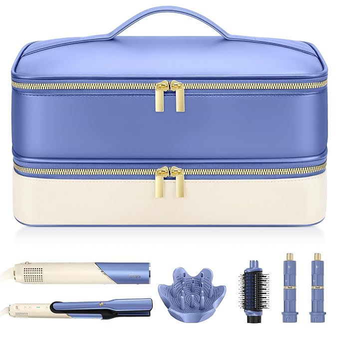 Travel Hair Dryer Case for Shark Glam, Portable Hair Tools Bag for Shark FlexFusion, Double-Layer Carrying Case for FlexStyle Blow Dryer, Silki & Glossi Attachment Holder (Periwinkle&Buttercream)