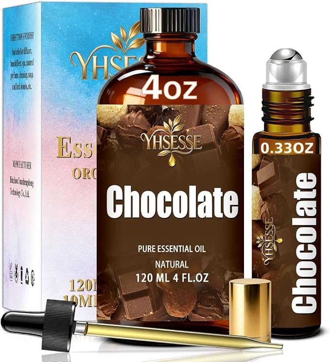 Chocolate Essential Oil, Chocolate Oil 4 Fl Oz 120ml for Diffuser Yoga Soap & Candle Making – with 0.33 Oz Roller Ball & Dropper YHSESSE Essential Oils