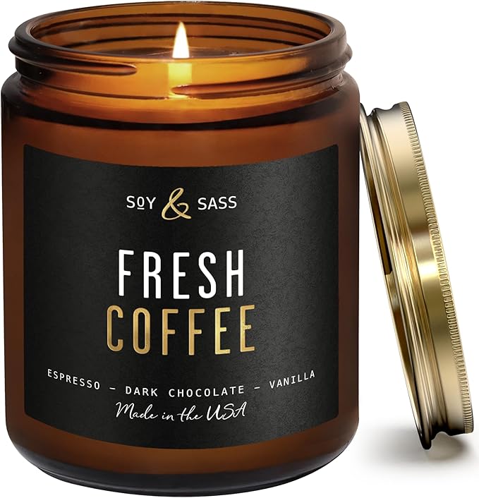Fresh Coffee Candle - Black Candles for Men or Women - Dark Coffee Beans, Caramel & Vanilla Cream Soy Wax Scented Mens Candle - Infused w/Essential Oils | Long 50Hr Burn, 9oz I Non Toxic I Made in USA