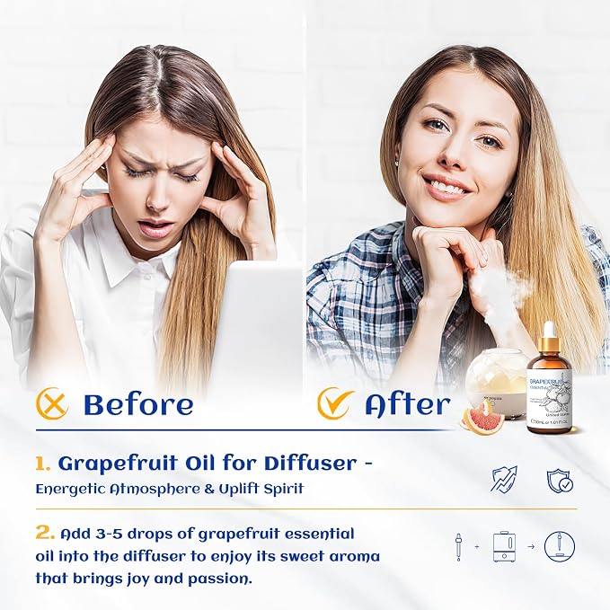 HIQILI 30 ml Grapefruit Essential Oil, for Diffuser, Skin Care - 1 Fl Oz