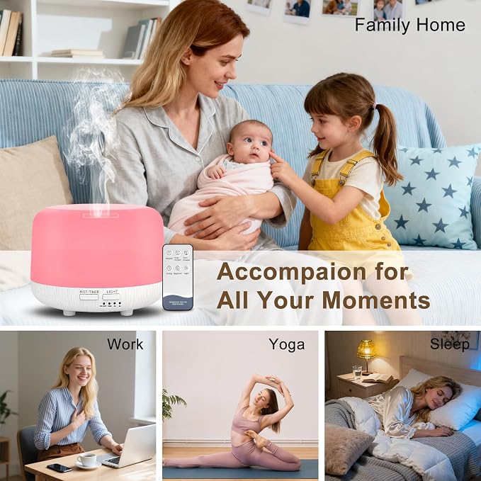 Marchred Aromatherapy Diffuser, 300ML Remote Control Essential Oil Diffusers, White Wood Grain Humidifier with 8 Colors Light 4 Timer Mode, Ultrasonic Scent Diffuser for Home, Office