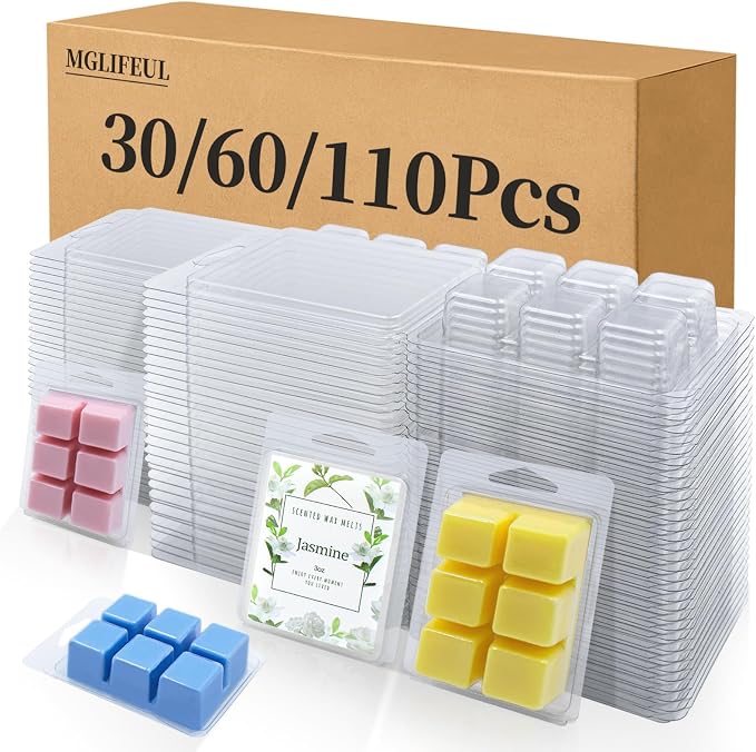 MGLIFEUL Wax Melt Container Clamshell Packaging Mold Box Stand for Plastic Clear Empty Wax Candle Melt Tart Packaging Cube Container Clamshell Mold Holder Organizer Tray Empty Shape Bulk wth Lid