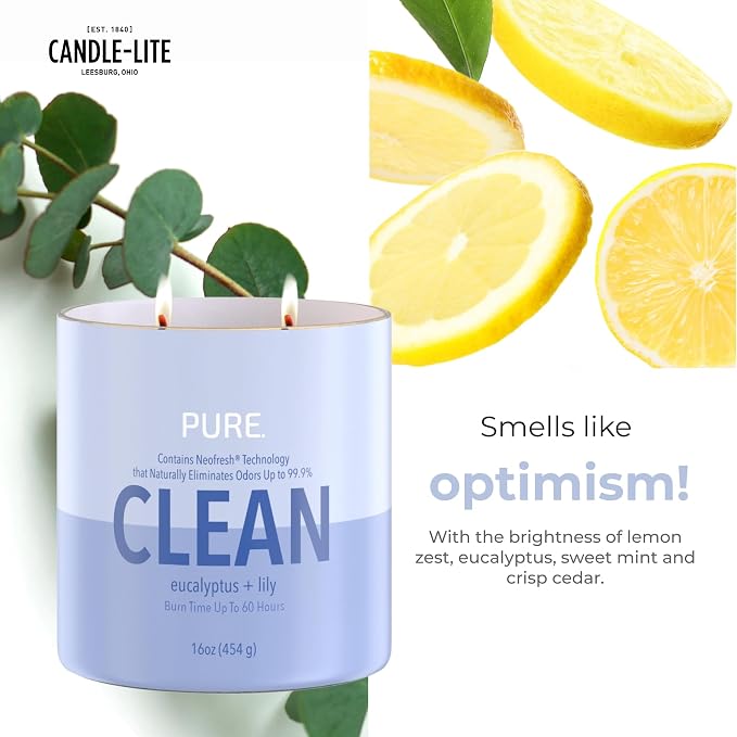 Candle-Lite Pure Eucalyptus & Lily Odor Eliminating Scented Candles, Neofresh Technology Eliminates 99.9% of Odors, 16 oz 2-Wick Jar, Proudly Poured in The USA, Up to 60 Hours Burn Time