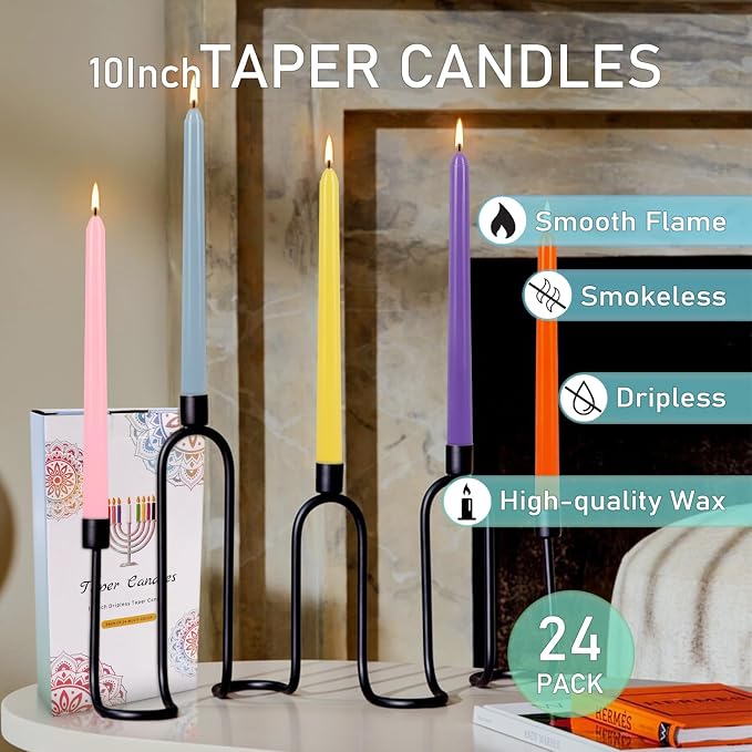 YOROXRG 24 Colored Taper Candles, 7-8 Hours Burn Time, Unscented, Smokeless and Dripless, 0.75 x 10 Inch Dinner Candle Set for Household, Wedding, Party and Home Décor Candlesticks