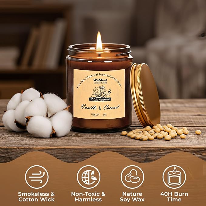 WEMEET Candles for Home Scented 2 Pack, Vanilla Scented Candle with Dried Flowers, Coconut Vanilla Soy Candles with Crystals, Candle Set for Creating a Relaxing Ambiance