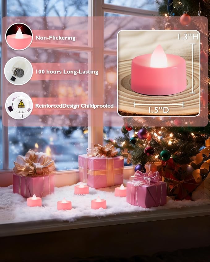 Amagic Pink LED Tea Lights Candles, 24 Pack Battery Operated Flameless Tea Lights, Long Lasting Colored Tealights Candles for Theme Party, Aniversary, Wedding Table Decor