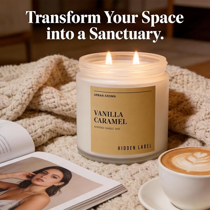 Hidden Label Vanilla Caramel Soy Candle, 12oz 2-Wick, 70H Gourmand Sweet | Non-Toxic Vegan Soy Wax | Vanilla Caramel Bakery Gourmand | Even Melt No Tunneling | Kitchen Living Room Cozy Gift