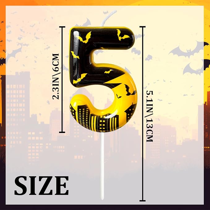 Black Yellow Number 5 Birthday Candle for Cake – Dark Night Hero Style with Bat & City Silhouette Design – Unique Cake Topper for Birthday, Anniversary, Themed Party Decoration
