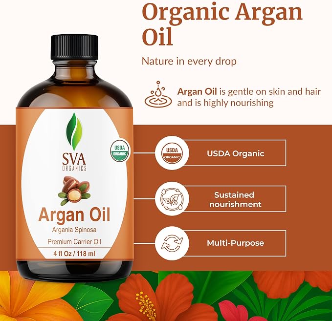 SVA Argan Oil Organic - 4 Fl Oz – 100% Natural Cold Pressed Organic Argan Oil - for Face, Skin Care, Hair Care, Scalp Massage & Body Massage – Carrier Oil with Dropper