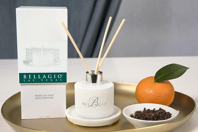 Bellagio Reed Diffuser - Luxury Hotel Fragrance - Oud, Pink Peppercorn, Seaweed and Fir Balsam - Perfectly Oud Scent - 6 White Reeds - 4.25 oz