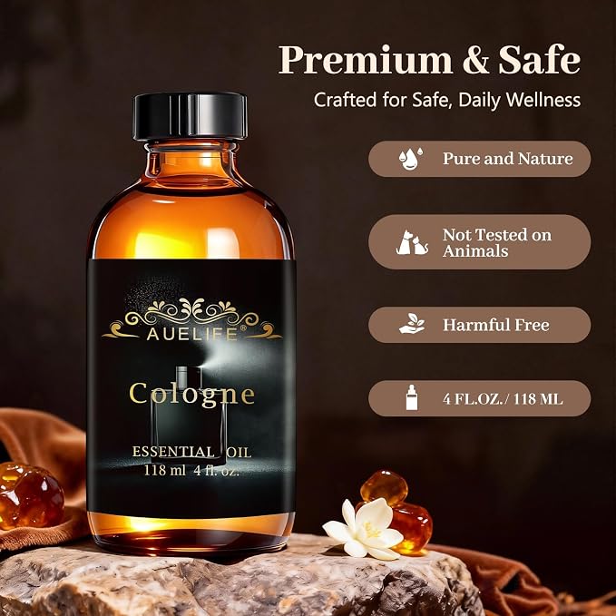 Auelife 4oz Cologne Essential Oils for Diffusers for Home - Men Fragrance Oil for Candle Making, Soap Making Supplies, Father's Day & Birthday Gifts for Him, Masculine Scent for Men Gift, 118ml