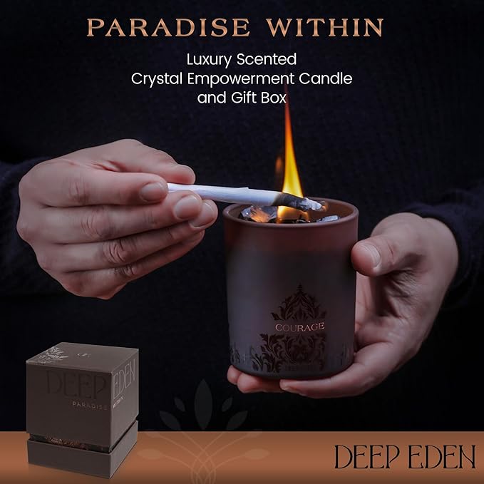 Forest Mahogany Scented Crystal Candle - Luxury Empowerment Candle with Black Tourmaline Crystals - 7.4oz Natural Soy, Coconut & Beeswax Wood Wick Candles for Men