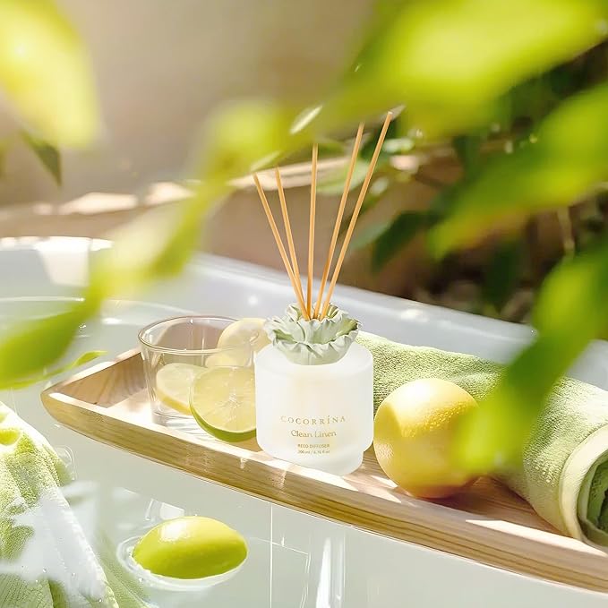 COCORRÍNA Gypsum Flower Reed Diffuser - Clean Linen Scent, 6.76 oz Oil with 8 Sticks, Long - Lasting Home Fragrance for Bathroom Décor