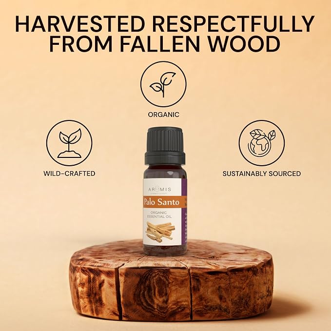 ArOmis Organic Palo Santo Essential Oil - 100% Pure Therapeutic Grade 10ml (.34 Fl Oz) - Undiluted, Premium, Oils for Aromatherapy - All the Aroma None of the Smoke - Wildcrafted and Sustainable
