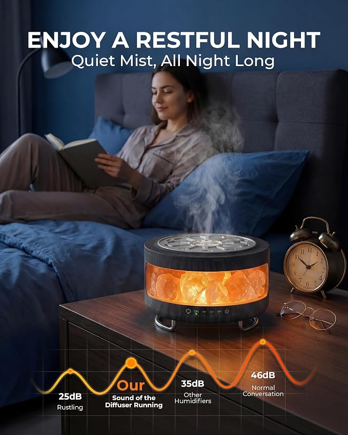 Essential Oil Diffuser with Himalayan Salt Lamp, 350ml Ultrasonic Aromatherapy Humidifier, 7 Colors LED Light, Timer & Auto Shut-Off for Home Bedroom Office Spa Yoga