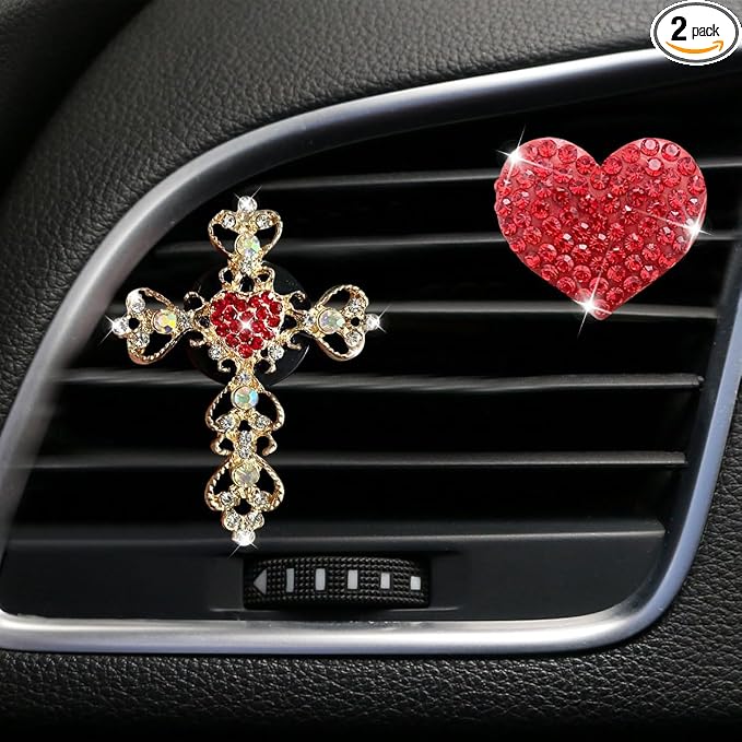 2PCS Bling Cross & Heart Car Dashboard Air Vent Trim Clip, Sparkly Rhinestone Car Air Vent Clips, Diamond Auto Diffuser Charm Clip, Auto Interior Decoration Accessory for Women Girls (Red)