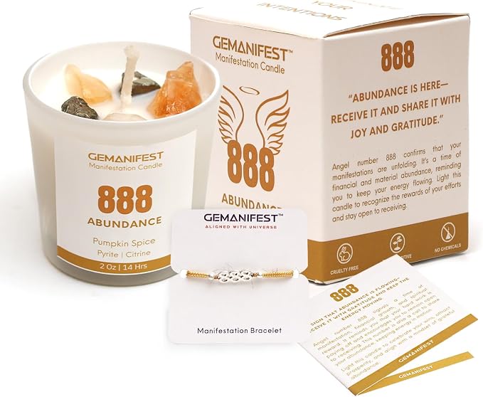 Angel Number 888 Manifestation Candle Crystal Infused Soy Wax with Citrine and Pyrite Pumpkin Spice Scented Spiritual Gift for Abundance and Energy Alignment