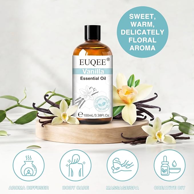 EUQEE Vanilla Essential Oil 100ML, Pure Natural Vanilla Oil for Diffuser Aromatherapy, Candle Soap Making, Massage, DIY Fragrance, Skin & Hair Care - 3.38 Fl Oz