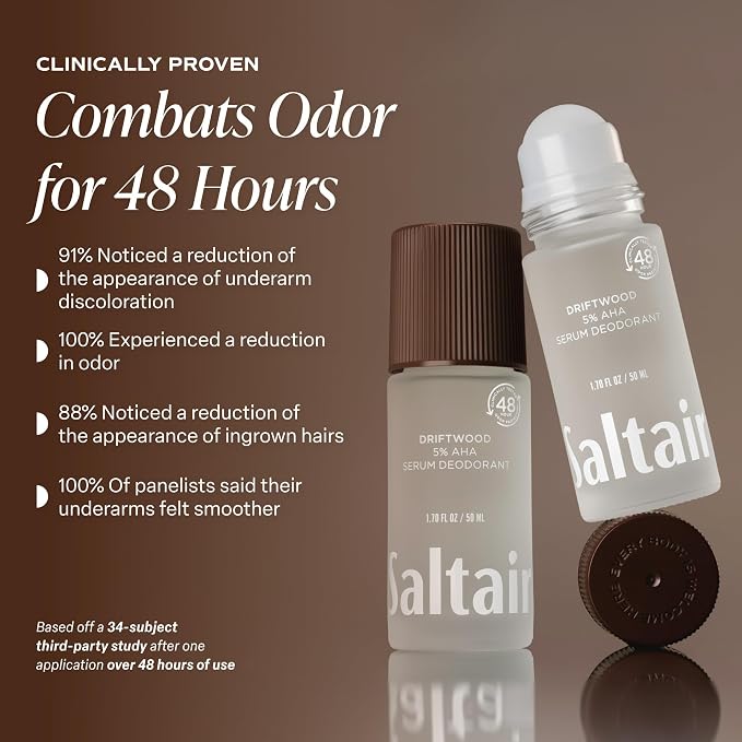 Saltair Serum Deodorant 2 Pack – 5% AHA – Aluminum-Free Odor Control for Women & Men – Mandelic Acid Deodorant with Lactic Acid – Driftwood Scent – 2x 1.7oz Travel Roll On