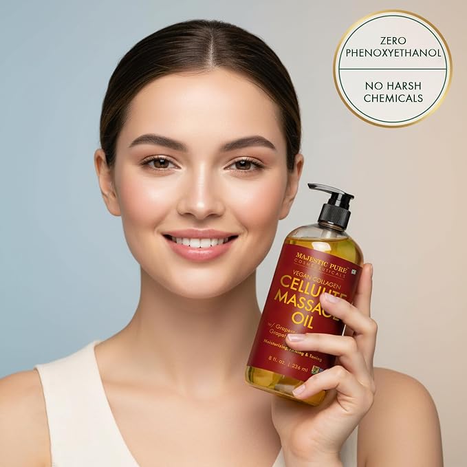 Majestic Pure Firming Body Massage Oil- Helps Smooth the Appearance of Cellulite & Improve Skin Texture- Natural Oils with Collagen- Refreshing Aromatherapy Body Oil for Legs & Full Body - 8 fl oz
