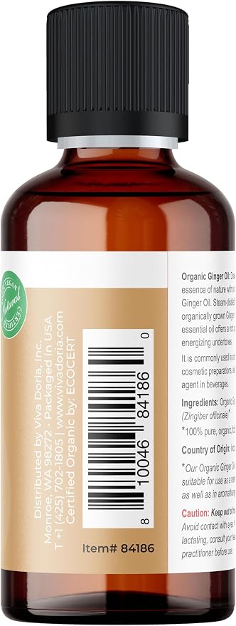 Viva Doria Ginger Essential Oil, USDA Certified, Organic Ginger Oil, 100% Pure, Natural Essential Oil, Undiluted, for Aromatherapy | Food Grade, 30 mL (1 Fluid Ounce)