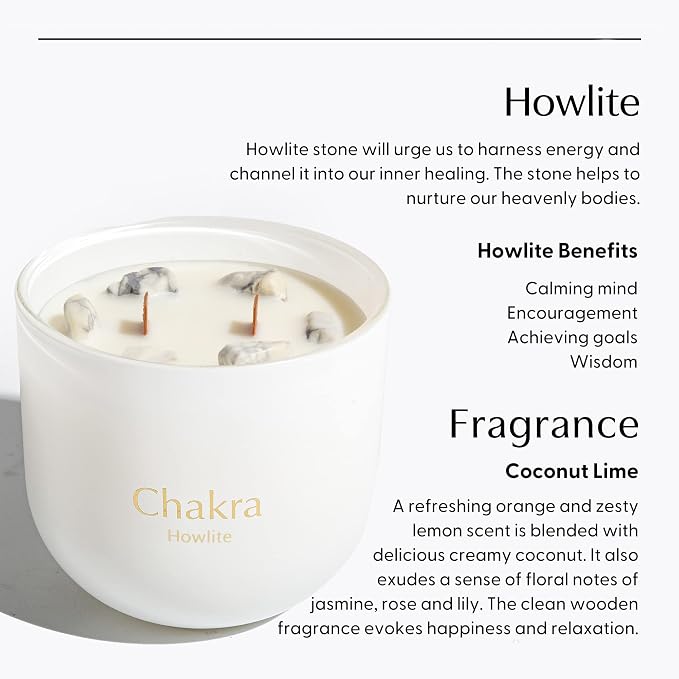 Hidden Label 12oz Howlite Quartz Coconut Lime Crystal Candle, 2 Wood Wicks Scented Crackling Candles, Chakra Collection Meditation Healing Candles with Crystals Inside