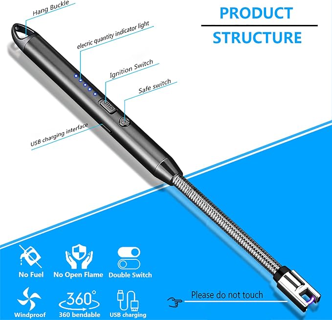 ELCELC 2 Pack Electric Candle Lighter Plasma Flameless Arc Windproof 360° Long Neck Flexible with LED Power Display Lighters for Candle for BBQ, Grill, Camping, Fireplace, Stove
