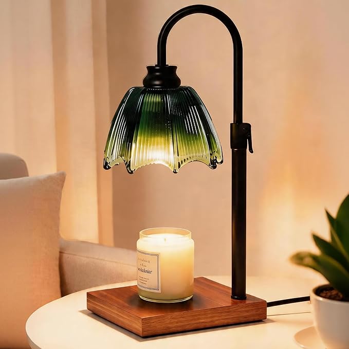 Farmhouse Candle Warmer Lamp with Timer Dimmable Adjustable, Vintage Glass Wax Heated Lamp Wood Base for Large Jar Candles, Gifts for Mothers Day House Warming New Home Office Decor (Green Gradient)