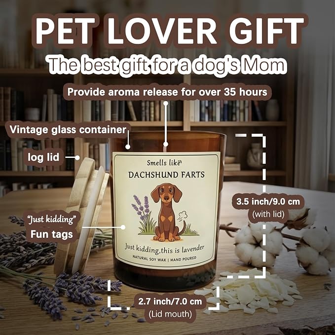 Gift for Dachshund pet Owners & Dog Lovers - Weiner Dog Mom Gifts for Women Crafted by Natural Soy Wax Lavender Pet Friendly Safe Scented Candle Perfect for Christmas Birthday Housewarming Decor