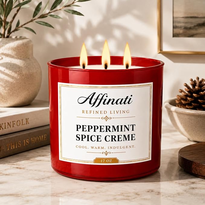 Affinati Peppermint Spice Creme 3 Wick Scented Candle – Large Soy Blend Candle, Strong Scent Throw Sweet Winter Mint Bakery Holiday Candle, Premium Clean Burning Gift