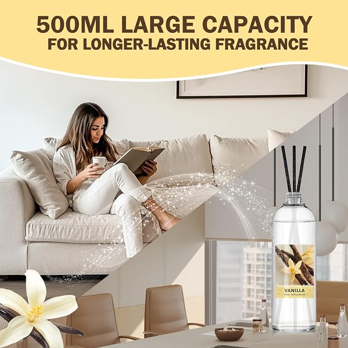 SCENTORINI Reed Diffuser Oil Refill, 16.9oz Vanilla Scented Essential Oil with 6 Sticks, Long Lasting Summer Home Fragrance for Large Space, Bathroom, Spa Room Aromatherapy, Hotel, Office Decor