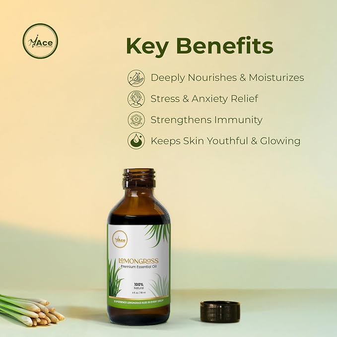 My ACE Lemongrass Essential Oil 4 Fl Oz - Pure & Natural - Premium Grade for Aromatherapy, Diffuser, Skin, Hair, Massage, Candle & Soap Making, Home - Glass Bottle with Dropper - Long Lasting Scent