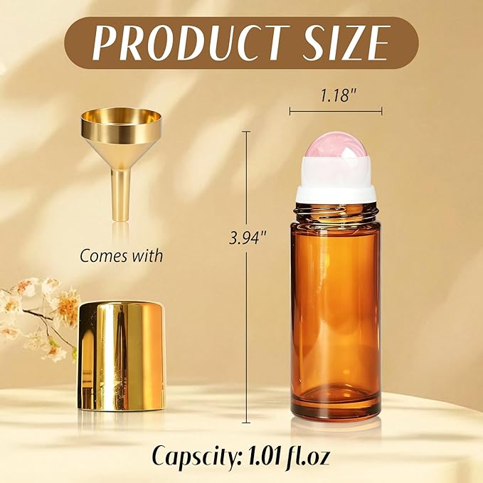 Cocurb 1oz Rose Quartz Roller Bottle for Castor Oil,Essential Oils and Skincare DIY,Refillable Leak-Proof Amber Glass Roll on Bottle Empty Deodorant Container with Gold Cap&Storage Bag