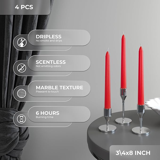 CANDWAX 8 inch Red Taper Candles Set of 4 - Unscented and Long Burning Candlesticks - Perfect as Dripless Candlesticks for Dinner or Holiday Home Decor - Red Candle Sticks