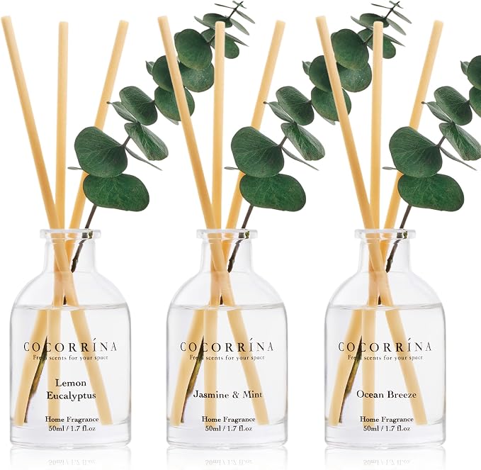 COCORRÍNA Eucalyptus Reed Diffuser Set of 3 - Lemon Eucalyptus, Jasmine & Mint, Ocean Breeze Scents, 1.7 fl oz Each, Total 5.1 oz, Scented Oil Diffusers for Home & Office