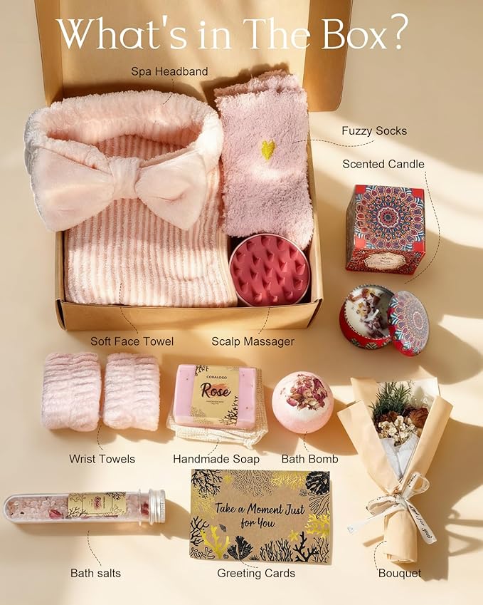 Rose Spa Gift Baskets - Natural Pampering Spa Set, Self-Care Get Well Soon Thinking of You Basket,Thank You Gifts, Unique 11pcs Gift Set for Women Wife Mom Her Birthday