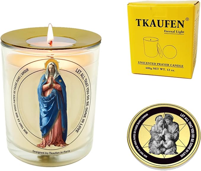 Mother Virgin Mary Candle 50 Hours with Warmer Ring│Natural Soy Wax│Catholic Ritual, Family Protection, Spiritual Guidance, Miraculous Blessing, Eternal Love, Grief Comfort│Design in Paris│3“×3.6”