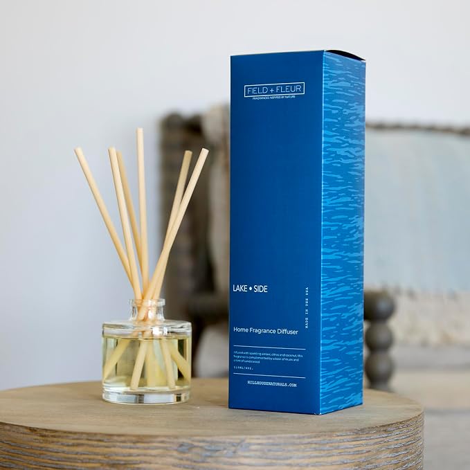Field + Fleur - Reed Diffuser Set - Home Fragrance Diffuser - Refresh Home, Bedrooms, Bathrooms & More - Notes of Amber, Citrus, Coconut & Sandalwood - Made in the USA - Lake Side Scent - 4 oz