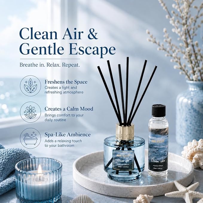 Airkeep Reed Diffuser Set with Refill & 8 Reed Sticks, 6.96 fl oz Ocean Air Home Fragrance, Long Lasting Aromatherapy Diffuser for Bedroom, Bathroom & Living Room