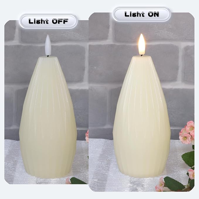 Ivory White Ribbed Flameless Candles Battery Operated with Remote Geometric Aesthetic Stripe Flickering Realistic LED Real Wax Candle Vintage Home Decor for Christmas Table Fireplace Mantel, 3 Pack